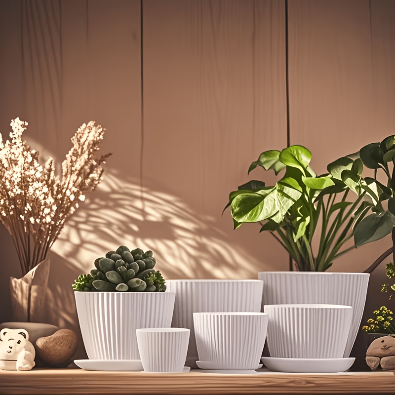 TEMU 6pcs Bohemian Striped Plastic Planters Suitable For Indoor/outdoor Use, Lightweight Round Pots With Drainage Holes & Saucers, Tabletop Suitable