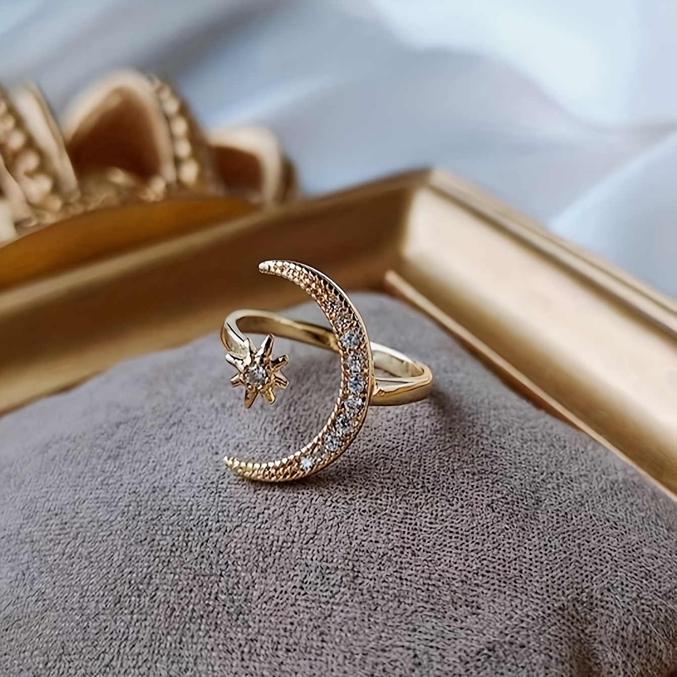 Rhinestone Star & Moon Adjustable Open Ring for Women