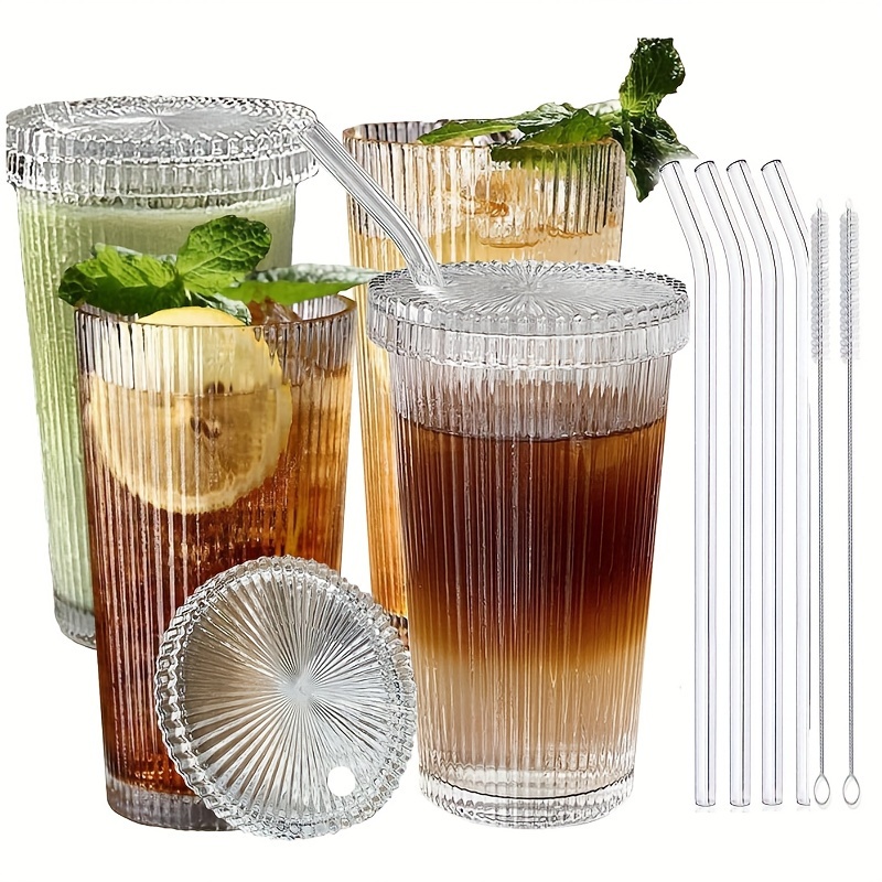 

2pcs/4pcs 380ml/12.85oz Vertical Ribbed Glass Drink Cups With Lids And Straws, Multipurpose, Reusable, Machine Washable