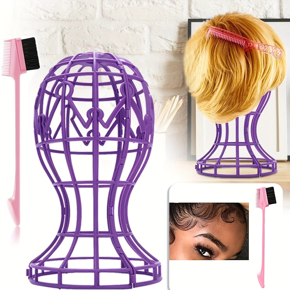 

2-pack Purple Wig Stand Holder With Portable Folding Design And 1 Pink 3-in-1 Hair Edge Brush, Durable Plastic Wig Dryer, Hat And Cap Display, Hair Styling Tool For Home And Salon Use