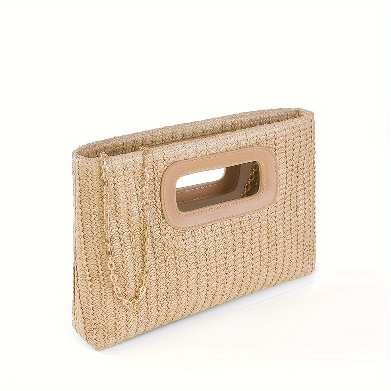 

Women's Straw Woven Clutch Purse With Detachable Chain Strap, Vacation Style Crossbody Chain Bag