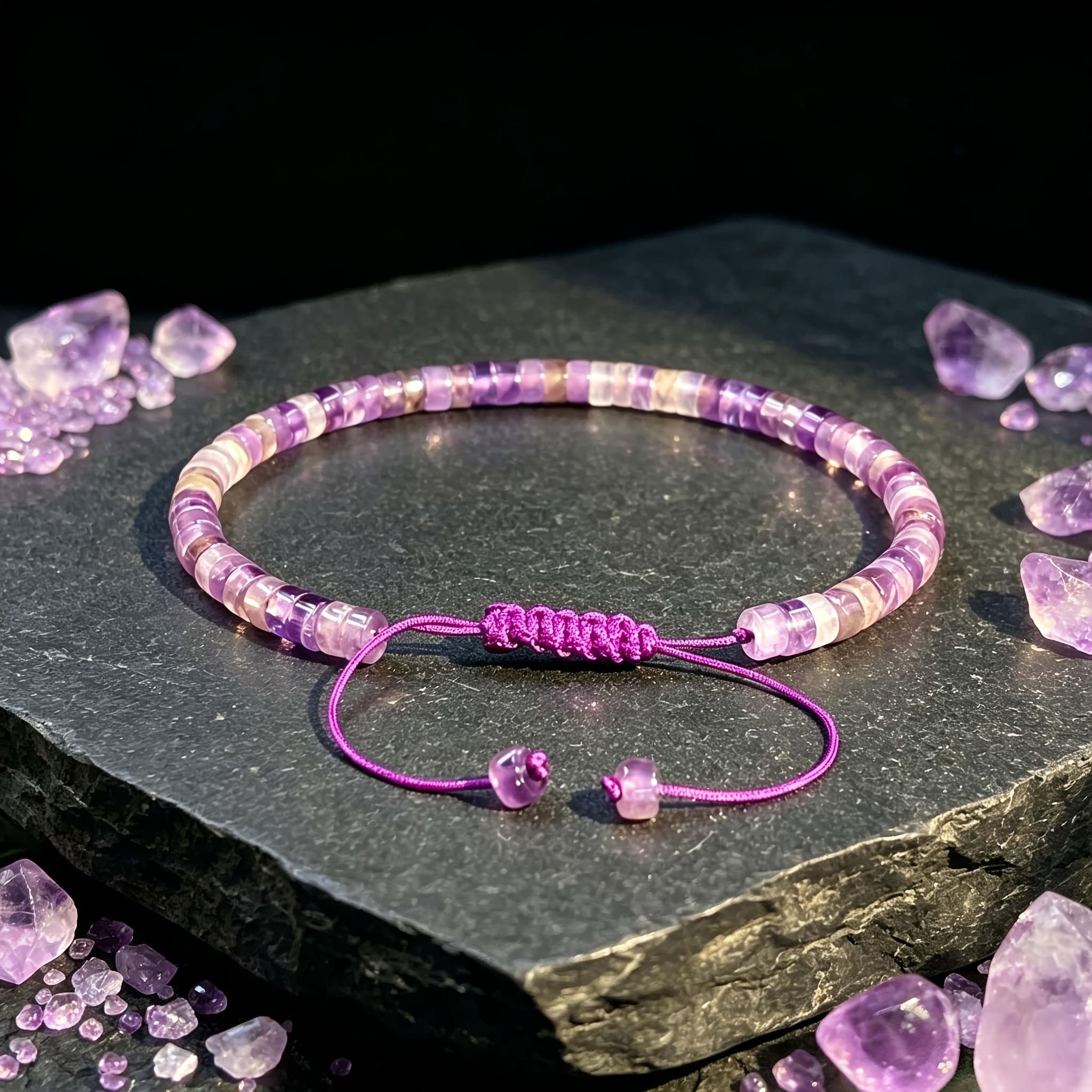 Bohemian Style Natural Amethyst Woven Bracelet, Adjustable