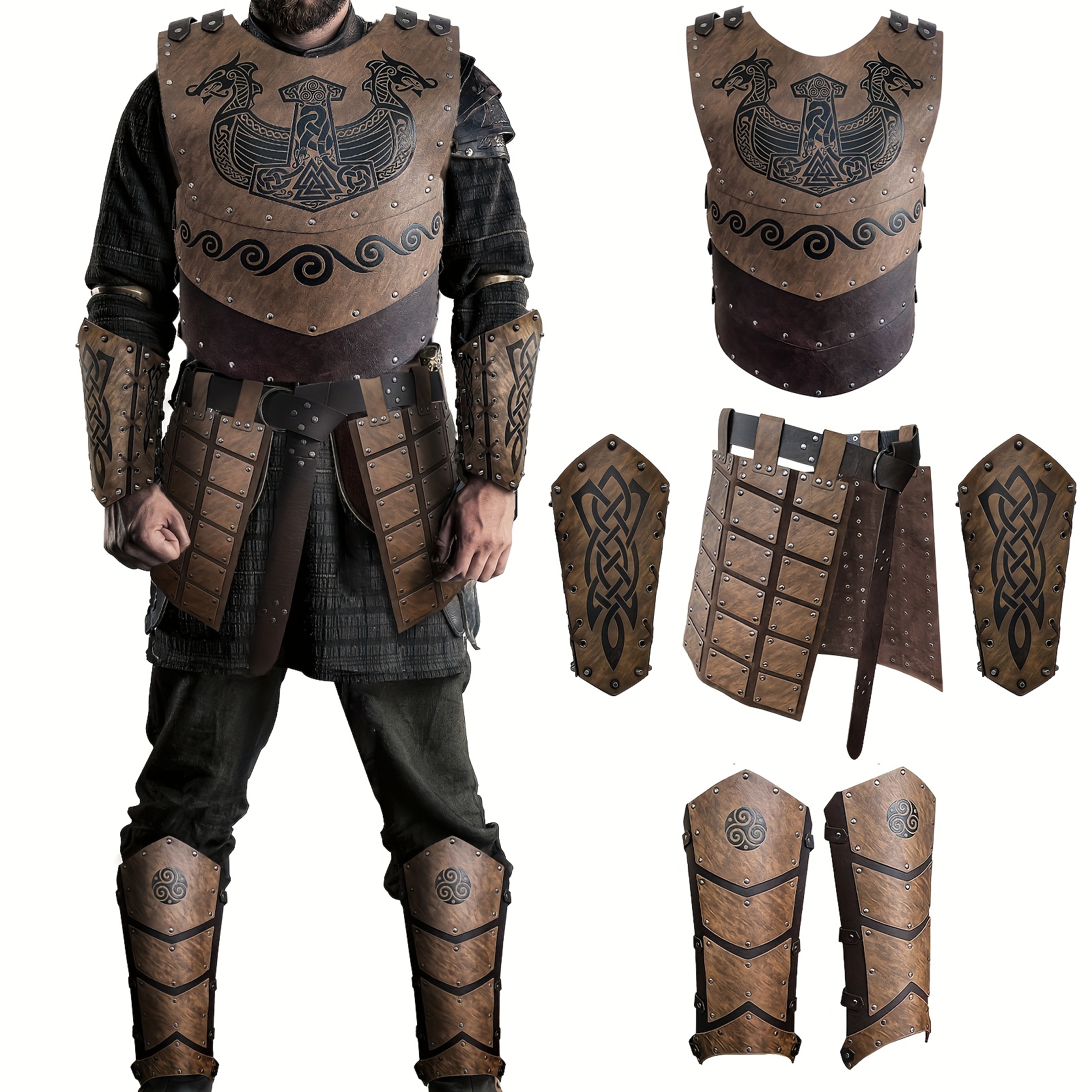 Costume Medievale Uomo Set Completo | Abito Rinascimentale Con Cintura, Protezioni Polsi E Accessori - Foto 3