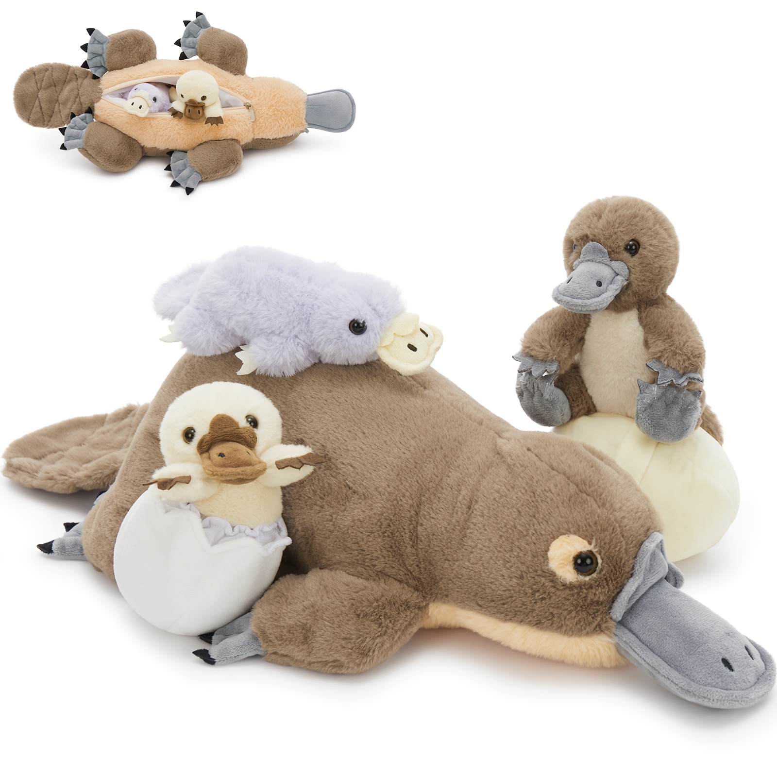 Morismos 21" Platypus Stuffed Animal With 3 Babies & 2 Eggs, Cute Realistic Platypus Plush Toys For Kids, Christmas, Easter, Birthday, Party And Decorations