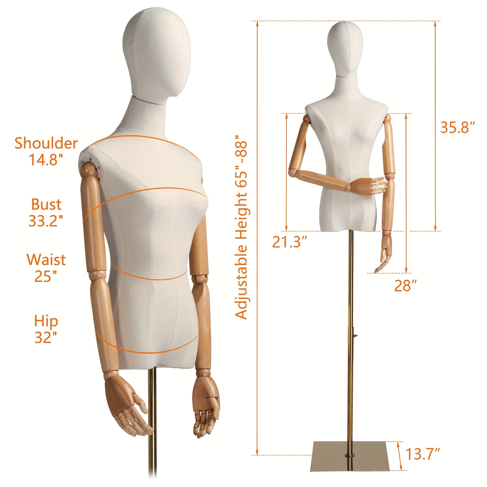 TEMU Bonnlo de Mannequin Féminin à Hauteur Réglable avec Bras et Tête en Bois Articulés - Modèle de Mannequin Intégral, Réaliste Beige avec Base