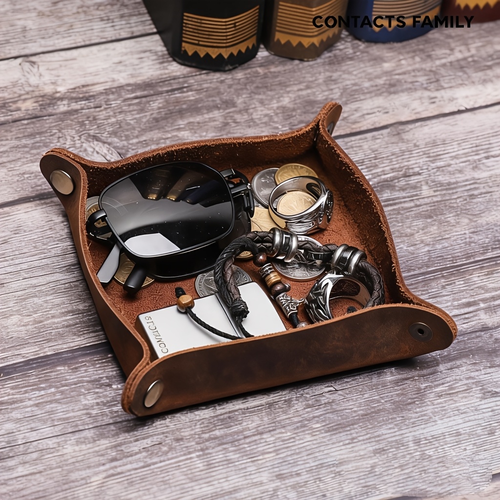 Handmade Genuine Leather Retro Tray - Authentic Leather Storage Box With 4-button Square & Round Compartment Suitable For Desk, Watch, Jewelry, Keys, Organization