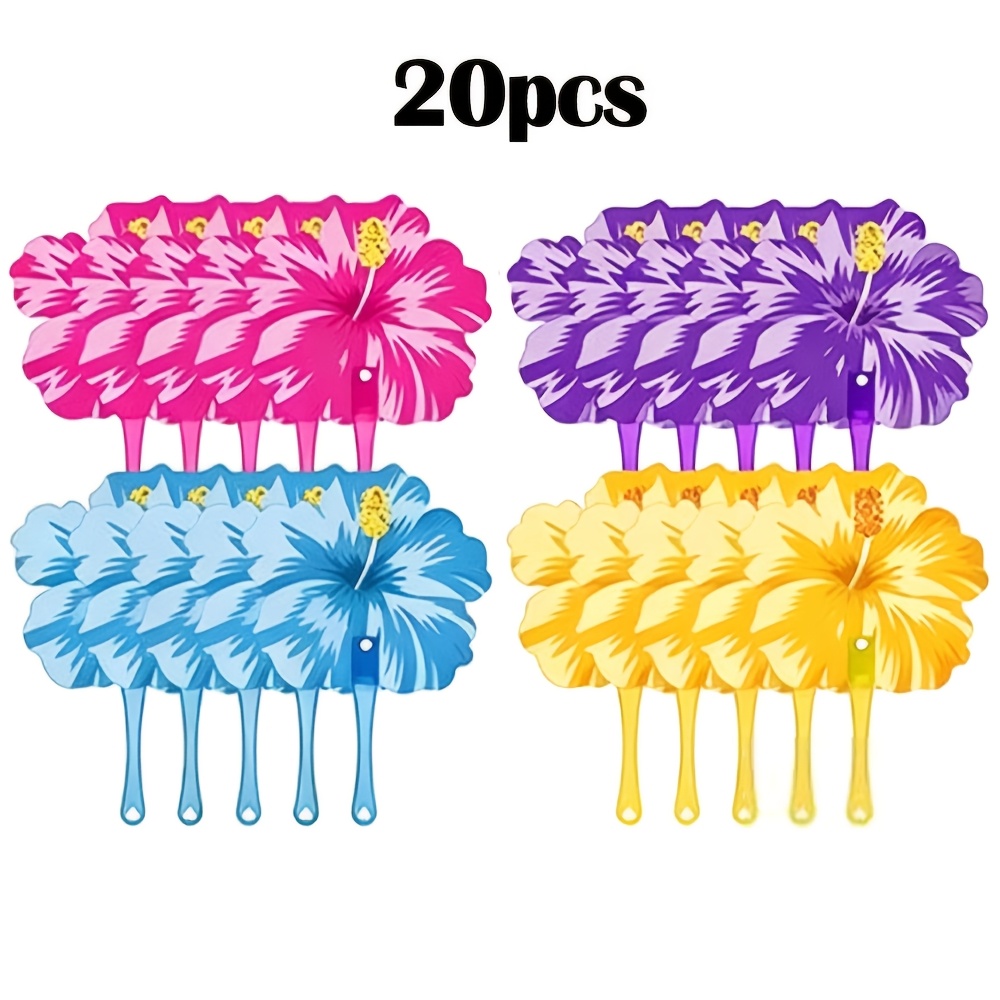 TEMU 20pcs 4 Colors Hibiscus Flowers Fans Bulk, Hibiscus Party Decorations Plastic Tropical Hand Fans For Summer Hawaiian Luau Aloha Birthday Beach