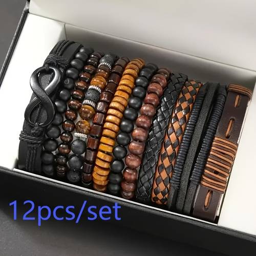 12pcs vintage woven faux leather bangle bangle bracelet set with tigers eye and beads fashion accessories for daily and party wear box not included