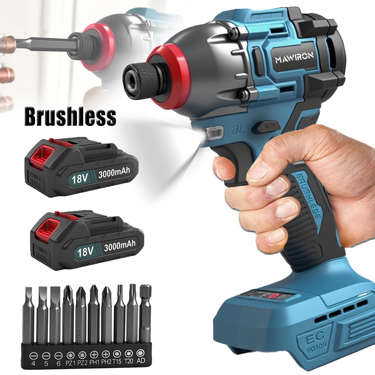 Image of Cordless Brushless Battery Impact Driver, (0-3200rpm) Handheld Electric Screwdriver Drill Impact Drill With Led Worklight, 2x 3000mah Battery For Home And Car With 9 Drills