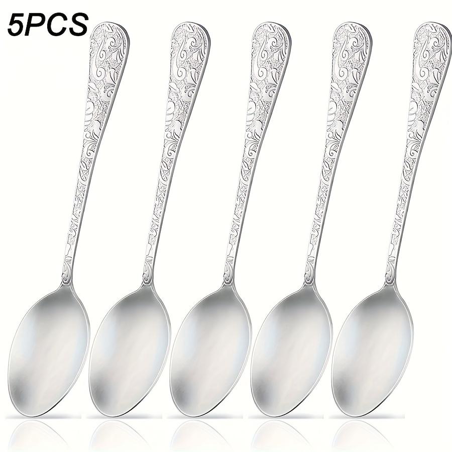 Image of Set Of 5 Vintage Coffee Spoons, Made Of High-quality Stainless Steel, Featuring Elegant Floral Printed Handles, Perfect For Home Kitchens, Cafes, And Restaurants, Dishwasher Safe