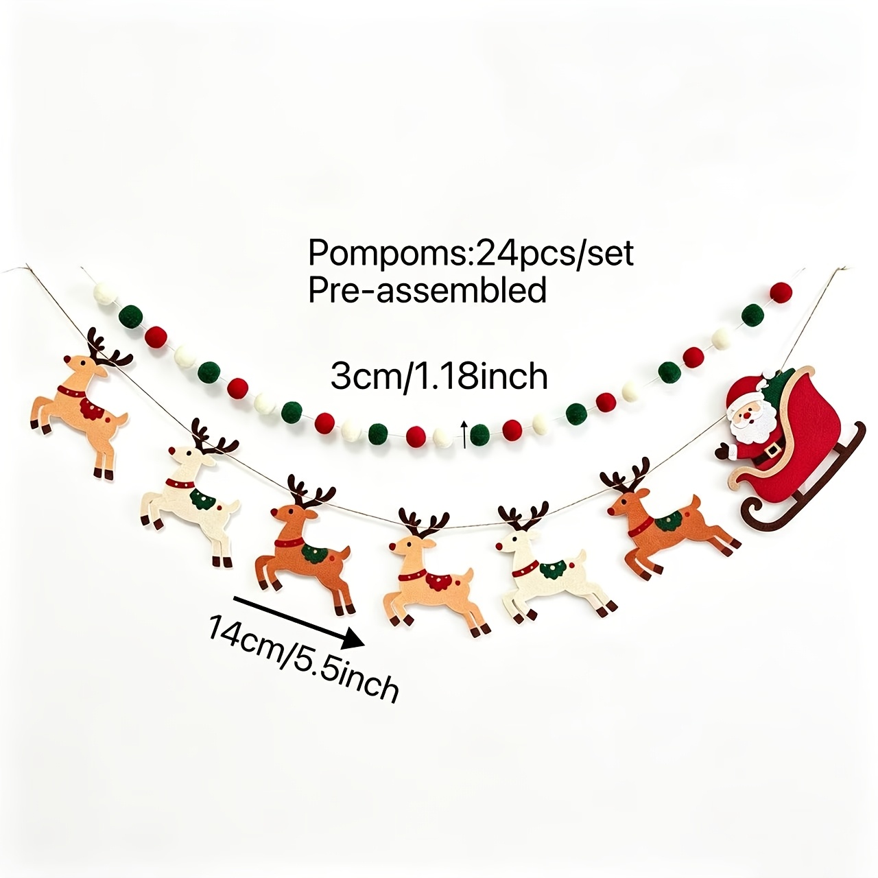 TEMU 2pcs/set Christmas Felt Banner, Reindeer Pull Santa Sleigh Bunting And Red Green White Garland, Pre-assembled Felt Xmas Hanging Decor For