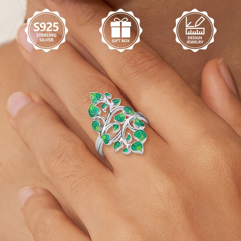 925 Silver Green Leave Branch Women's Ring High End Light Daily