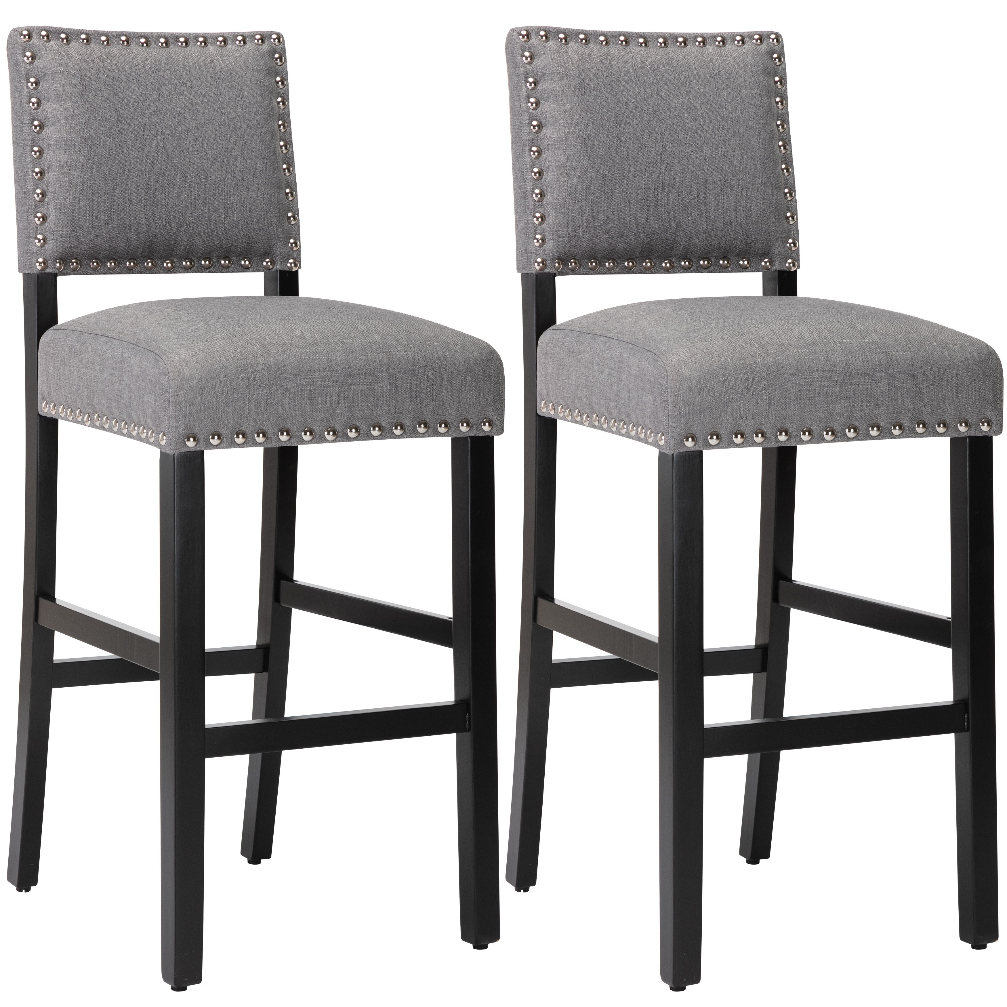 

Upholstered Counter Barstools With Channel-tufted Open Back, 29 Inches Seat Height Wooden Counter Stool With Silver Copper Nail, Grey, Set Of 2