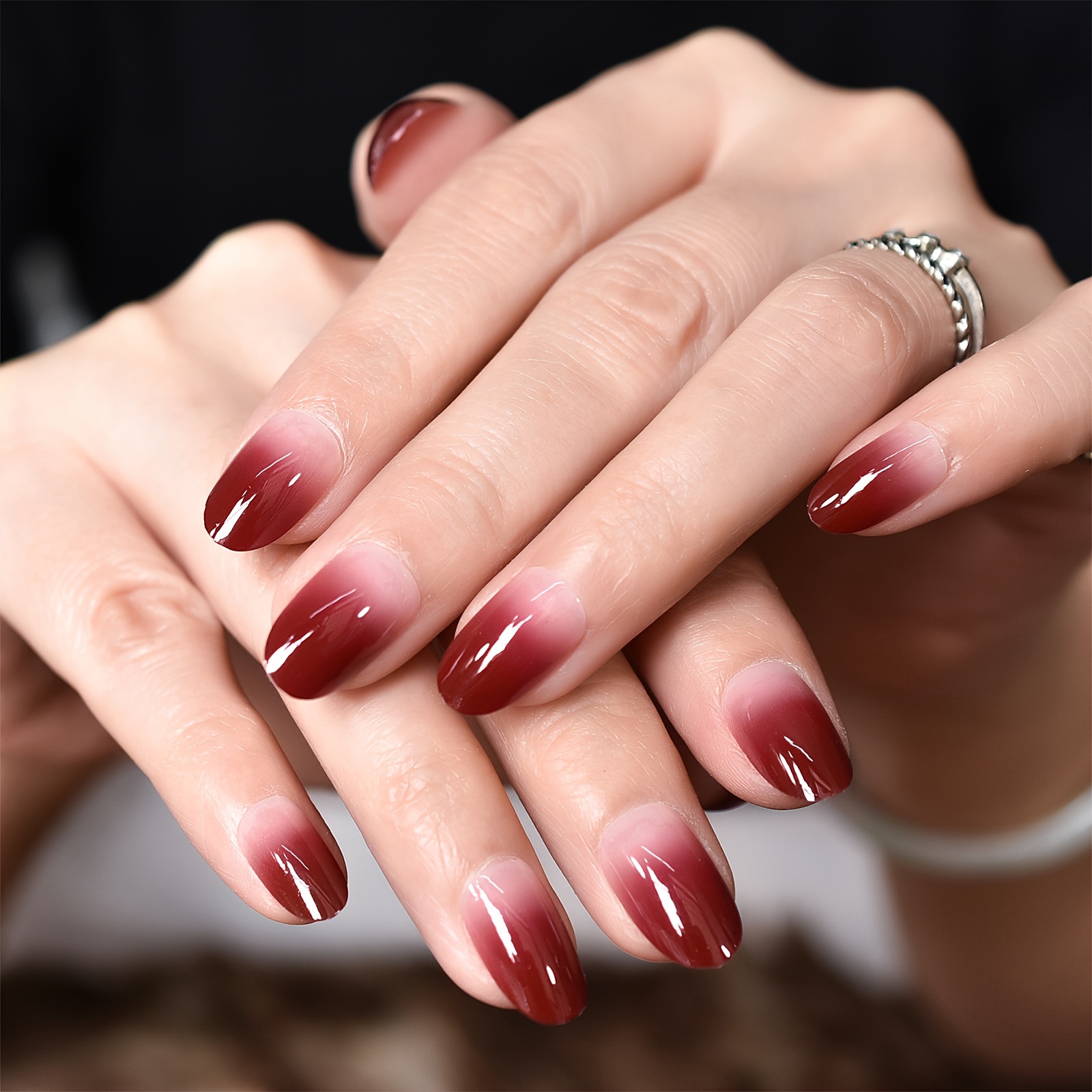 Handmade Black Deep Red Ombre New Year Christmas Press on Nails