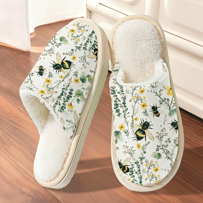 TEMU Warm Winter Slippers Suitable For Couples & Unisex - Soft Indoor With Bee & Floral Print, Sole & Cozy Fabric Upper, Cushioned For Men And Women,