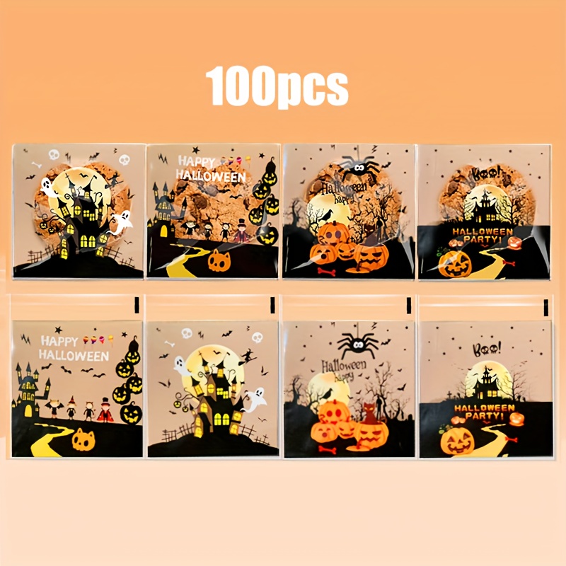 Image of 100pcs Of Four-in-one New Halloween Series Cute Cartoon Castle Cat Pumpkin Transparent Self-adhesive Bags Halloween Party Small Gift Packaging Bags