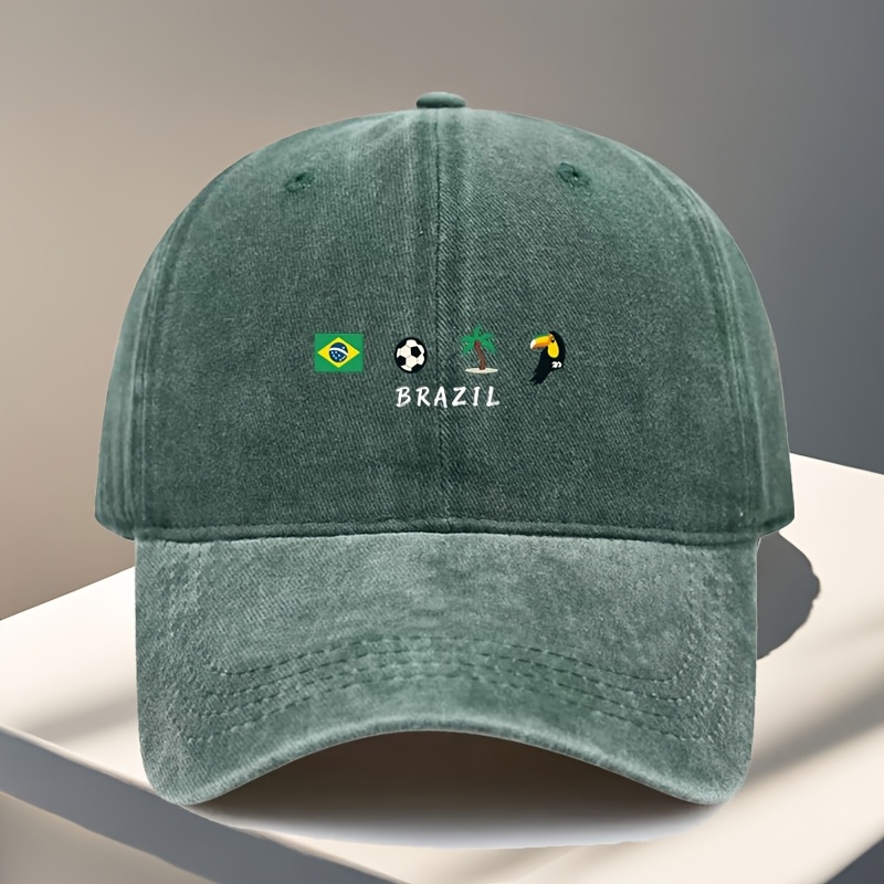 TEMU Unisex Adjustable Baseball Cap â This Hat Features A Design Incorporating 'brazilian Flag, Soccer Ball, Trees, And Birds' â Adjustable Strap,