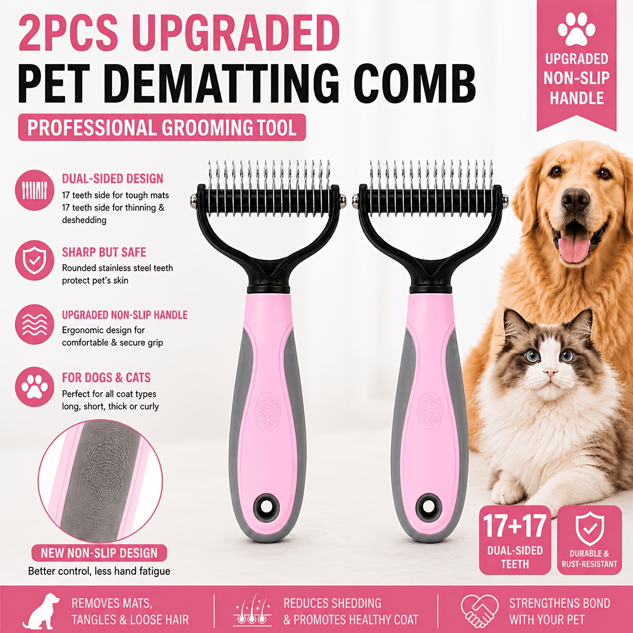 TEMU [pet Hair Removal Comb]2 Large 17-tooth Stainless Steel Pet Hair Removal Combs, A Double-sided Bottom Hair Rake Beauty Tool, An Efficient Hair