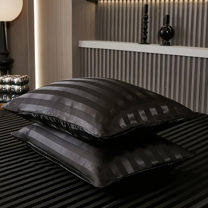 набор из 2 мягких полосатых сатиновых наволочек, гладкое застежка- , предотвращают ломкость волос, устойчивы к складкам, машинная стирка, подходят для домашнего использования,   подарок на   и   Детали 2