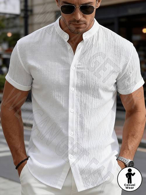 mei obm mens summer short sleeve shirt lightweight breathable solid color button up stand collar design suitable for beach vacation pool party and casual wear