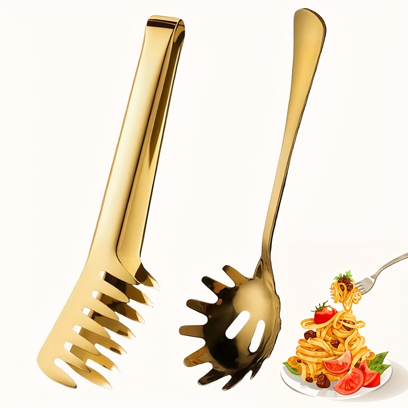 E-shop 2er-Set Pasta-Kochwerkzeug aus Edelstahl, mit Zähnen, italienisches Pasta-Geschirr, goldener italienischer Pastalöffel und Zange für einfaches