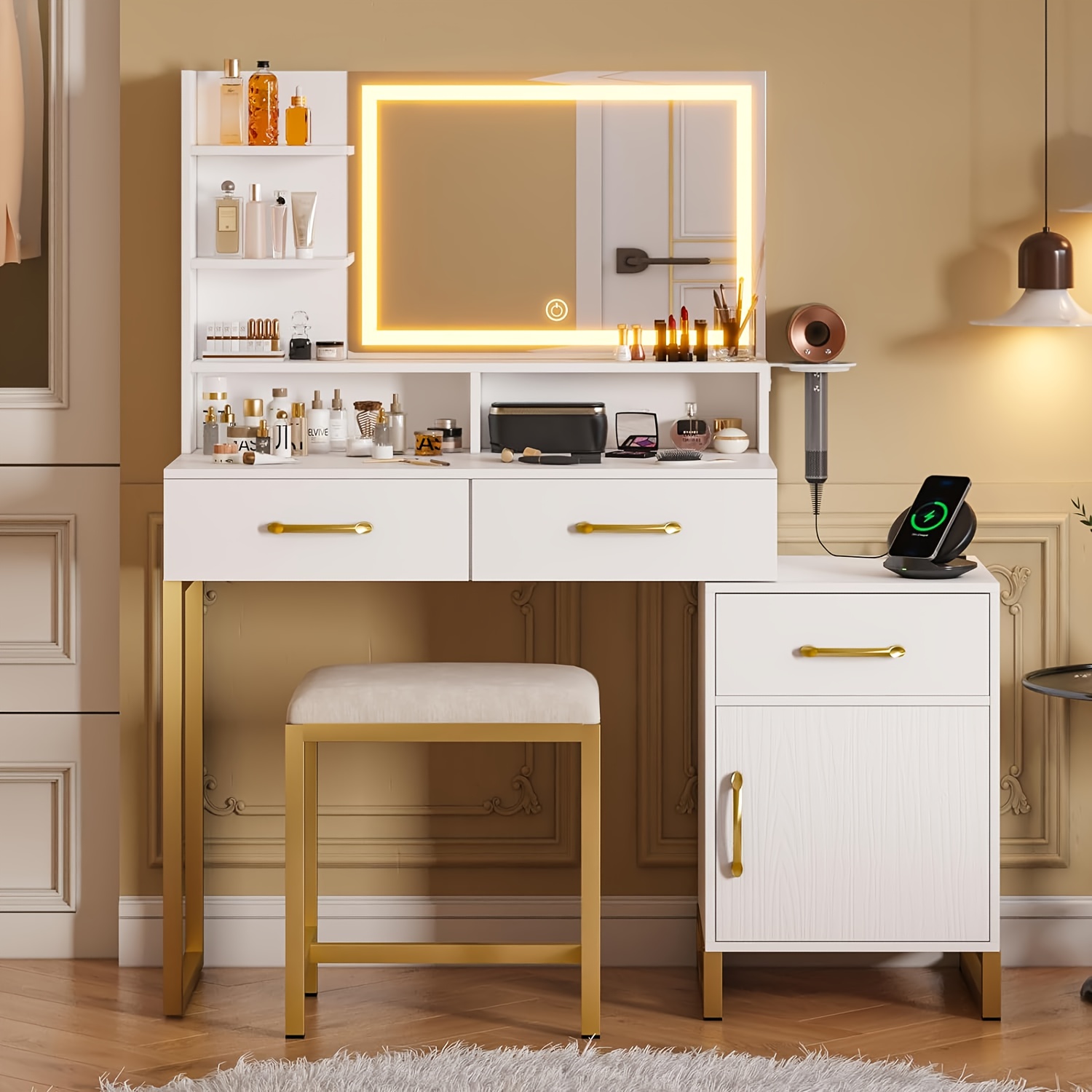 

Vanity Desk With Mirror And Lights, Makeup Vanity Table With Power Outlet, Modern White & Gold Vanity Set With 3 Drawers & Cabinet, 3 Lighting Modes Brightness Adjustable, Bedroom