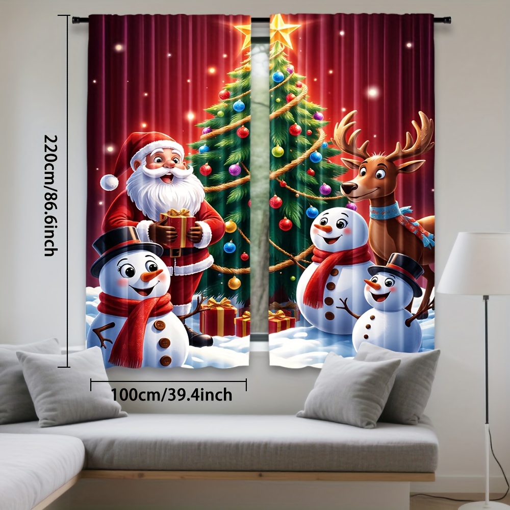 TEMU 2d Flat, 2pcs, Set, Polyester Fabric, Christmas Santa Snowman Reindeer Tree Print, Christmas Theme, Rod Pocket Doorway Curtains, For Bedroom,
