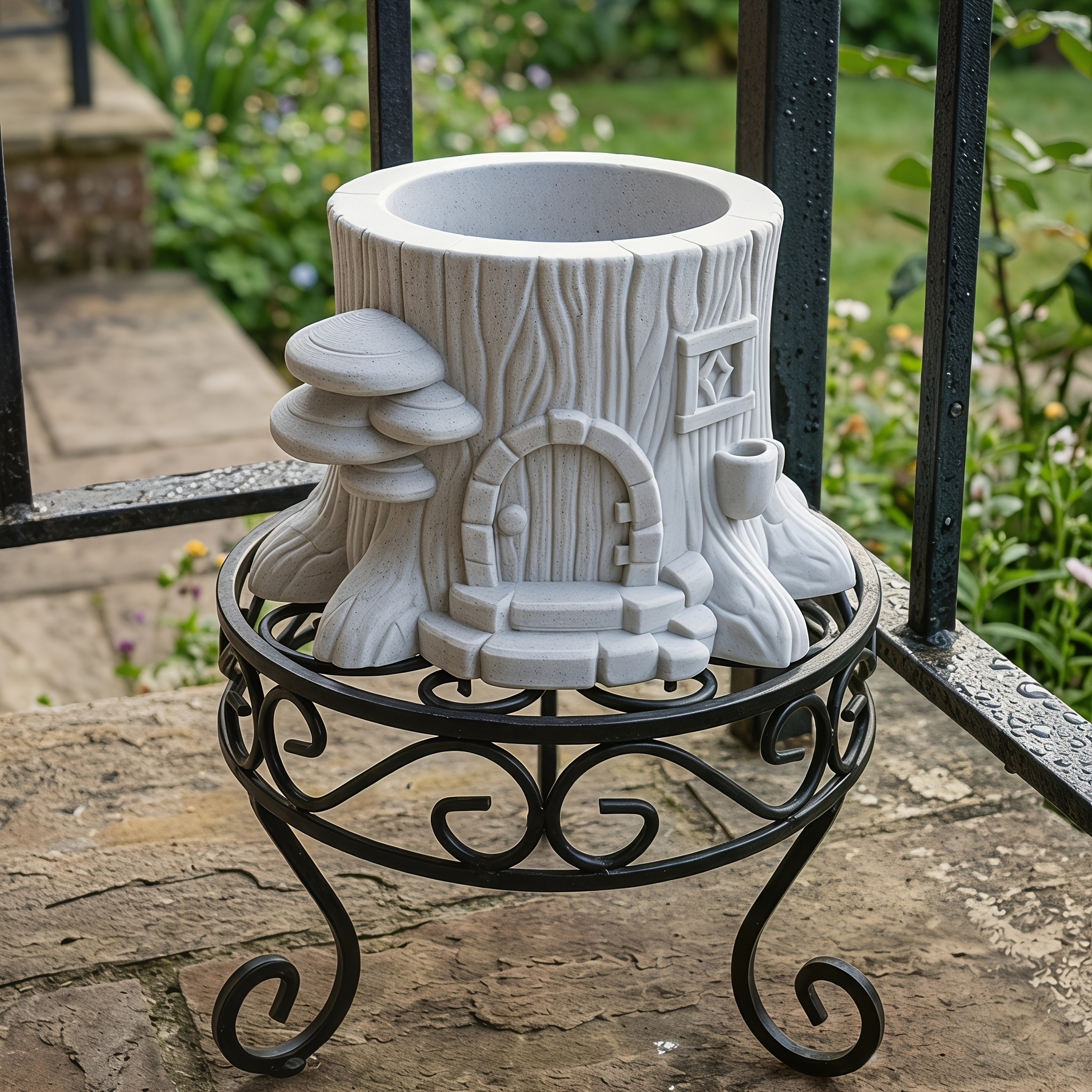TEMU 1pc Faux Marble Texture Stump Fairy House Shaped Planter Imitation Stone Texture 3d Carved Treehouse Flower Pot Fairy Tale Cottage Design No