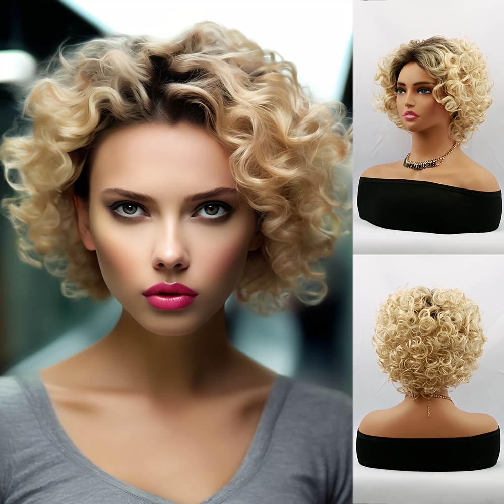 Image of 8 Inch Short Curly Blonde Afro Bob Wigs For Women, Middle Part Ombre Blonde Wig With Dark , Wave Synthetic Wig For Women Cosplay Daily Party Use