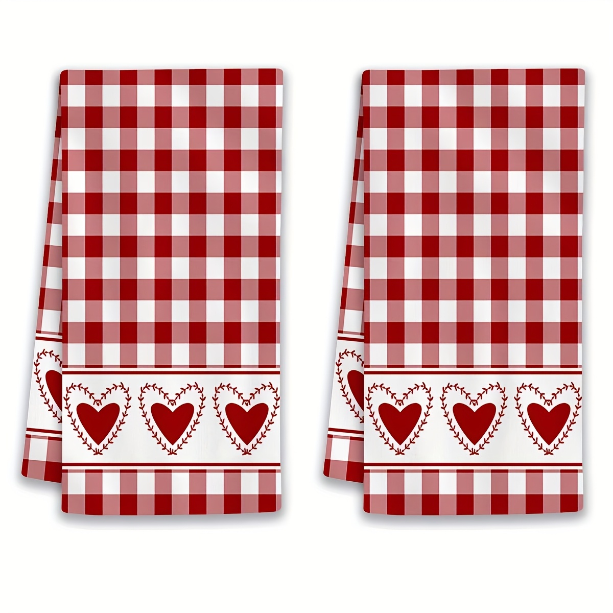 TEMU 2pcs Gingham Checkered Kitchen Towels With Heart Print - Super Soft Microfiber High Absorbency Dish Cloths For Cooking, Baking, Cleaning -