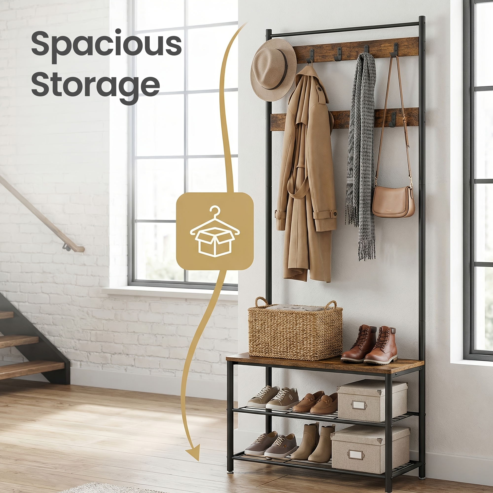 Multifunctional Clothes and Coat Rack with 8 Hooks and 3-Layer Shelf