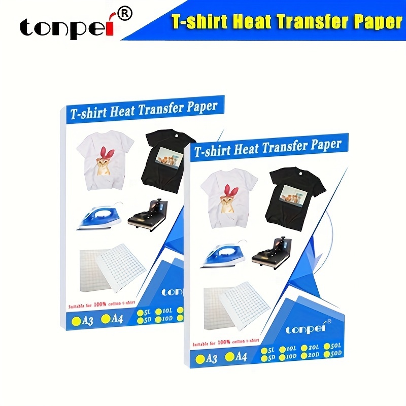

10 feuilles de papier de transfert thermique jet d'encre A4 pour t-shirt en coton foncé, papier de transfert thermique A3 pour t-shirt en coton clair à 100%
