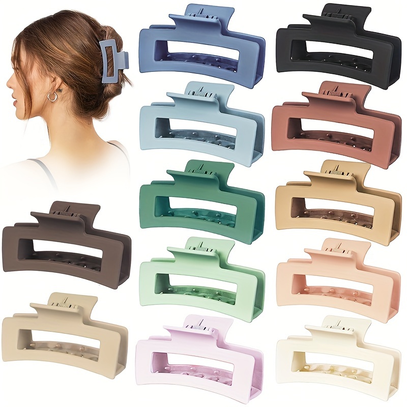 

12-piece Set Large Matte Hair Claw Clips For Women - Non-slip, Durable Resin, Solid Color, Rectangular Shark Clips For Easy Updos & Styling