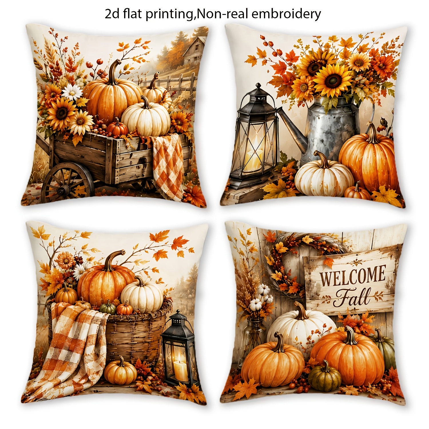 TEMU 2d Flat - 4-pack Jhua Boho Farmhouse Pumpkin Pillow Covers, Double-sided 2d Printed Zipper Cushion Cases Without Embroidery, 12/16/18/20 Inch