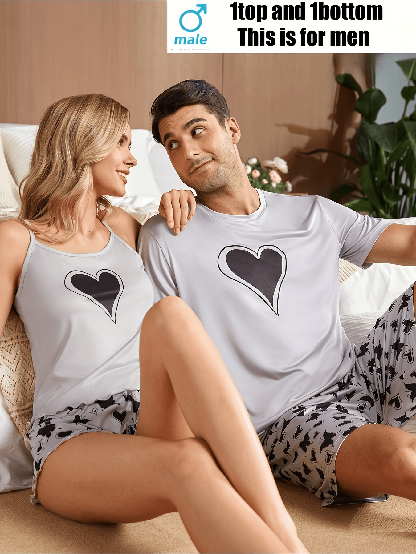 [MEN/WOMEN] Couple Style Valentine'S Day Heart Print Pajama Set Comfortable, All-Season Men'S Short Sleeve And Shorts Or Women'S Camisole And Shorts Home Wear Single Set