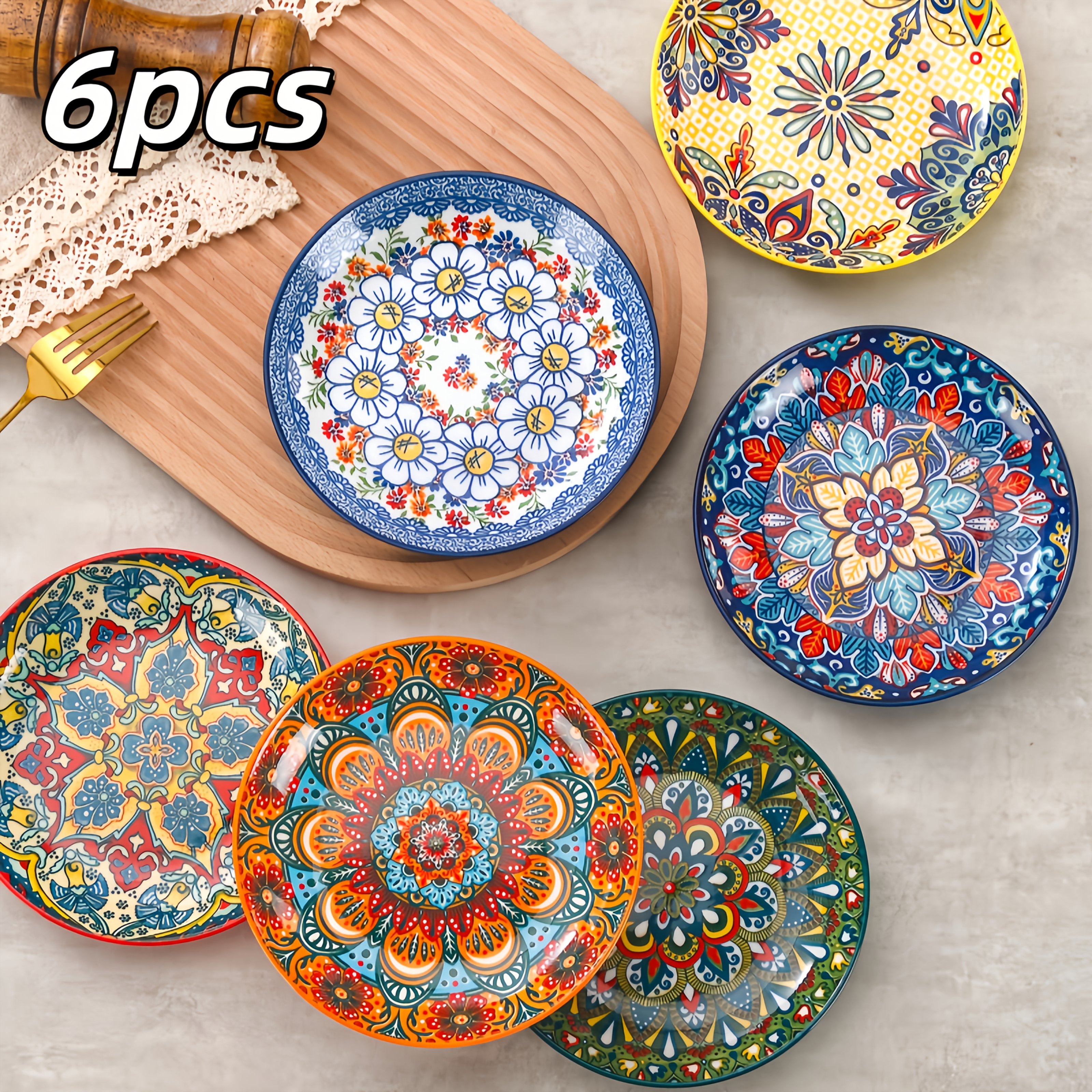 TEMU 6pcs Bohemian Style Ceramic Plate Set With Patterns, 6.3-inch Plate, Suitable For Home Use, Restaurants, Parties, Breakfast Utensils, Decorative