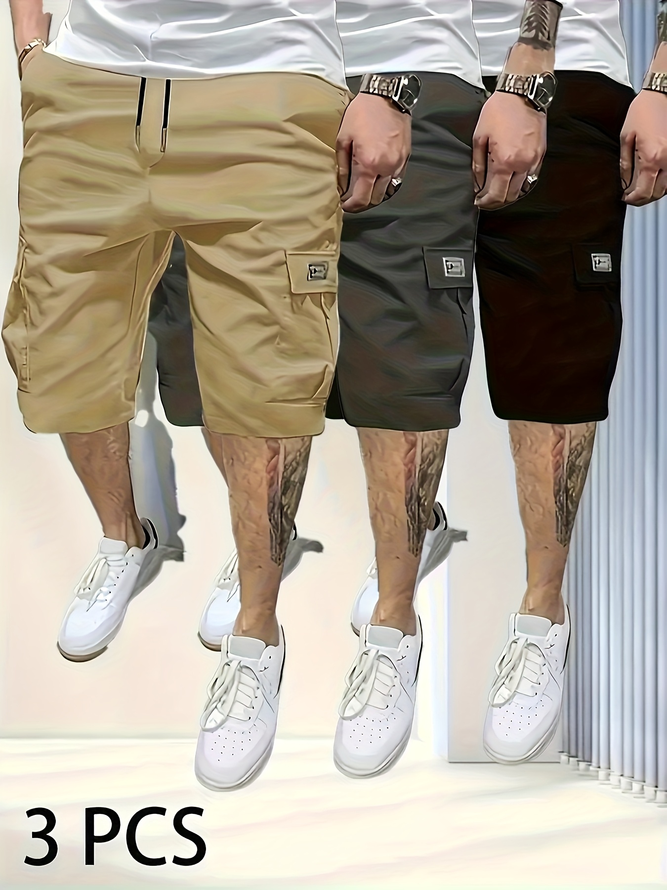 3pcs mens oversized workwear shorts with large pockets letter print heavy wear resistant fabric machine washable loose fit casual outdoor shorts suitable for summer outdoor activities ideal mens gift workwear style