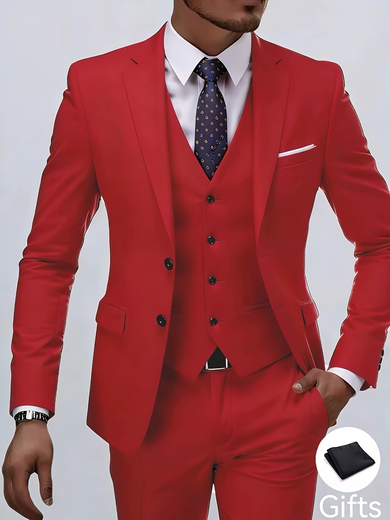 Classic *'*-button *-fit 3pcs Suit Set (business Formal Jacket, Waistcoat  And Trousers, Plus A Handkerchief), Suitable for Wearing * Parties,  Business Events And Valentine's Day * *.