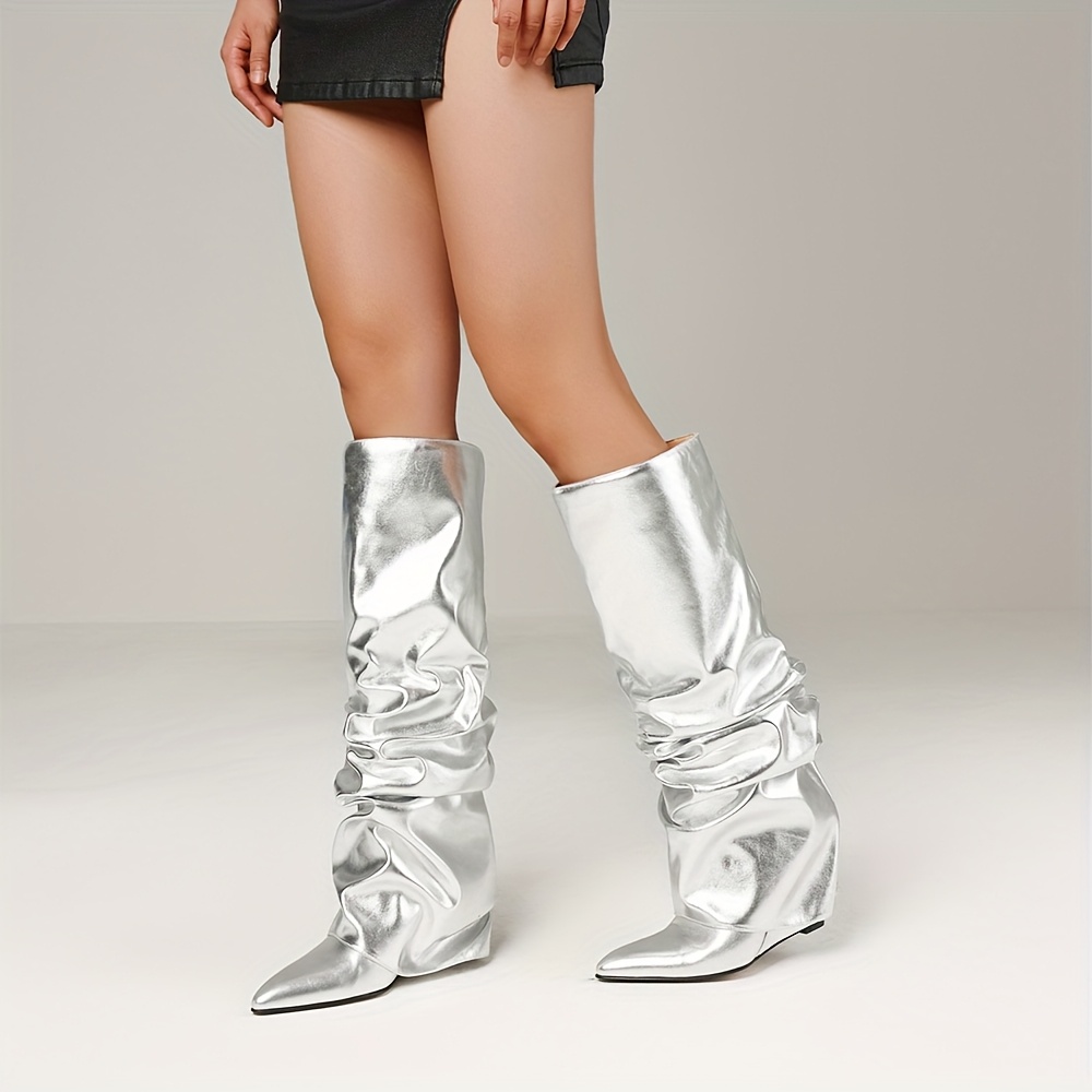 Yishaweiqi Botas De Mezclilla Plegables Para Mujer, Tacón De Aguja, Hasta La Rodilla, Punta Alta, Pantorrilla Ancha, Botas De Tiburón Para Otoño, Azul (Denim), 10