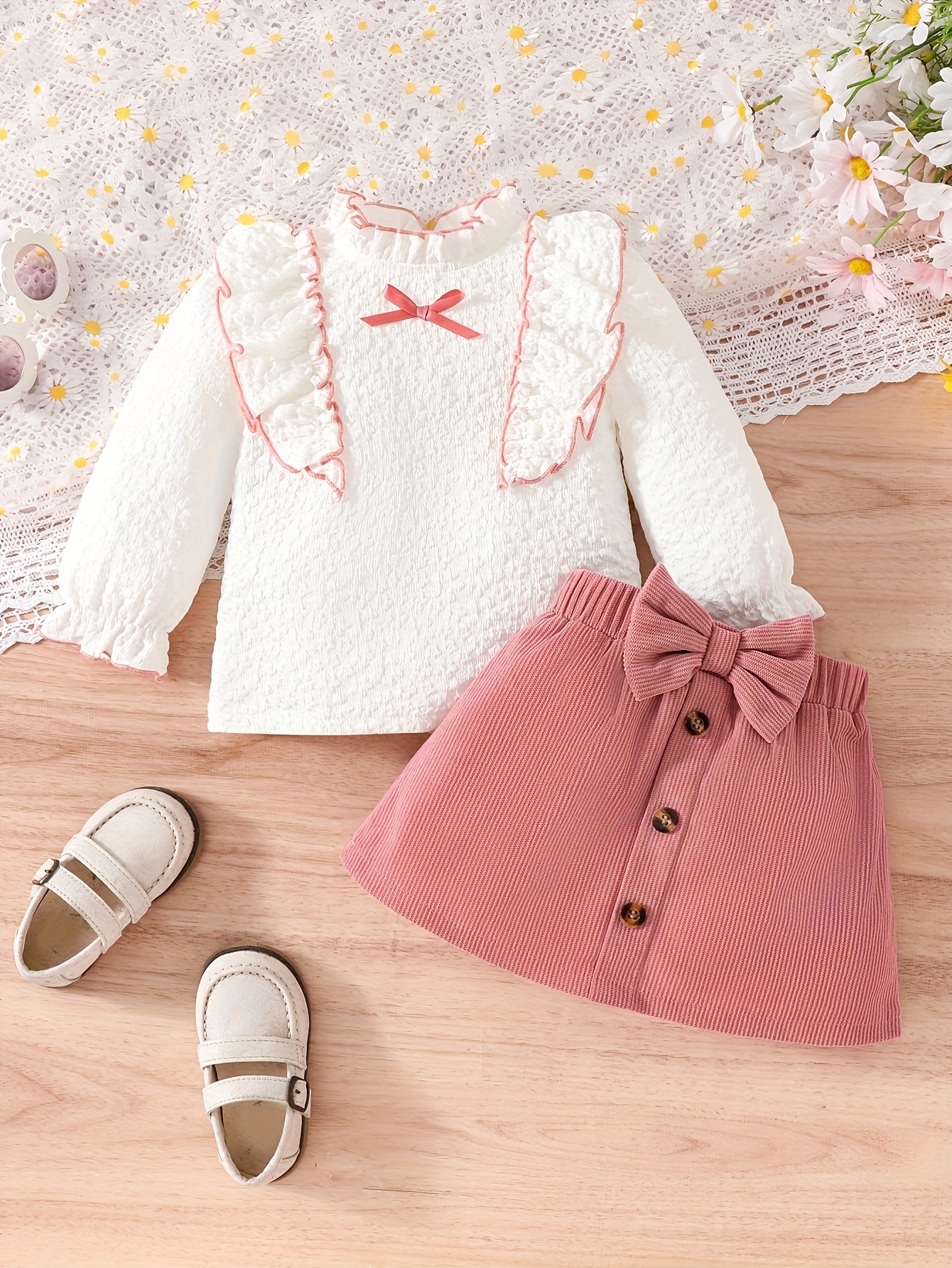 Ensemble Vêtement Bébé Fille 2 Pièces - Haut Manches Bouffantes + Jupe En Cuir PU, Taille 18 Mois à 6 Ans
