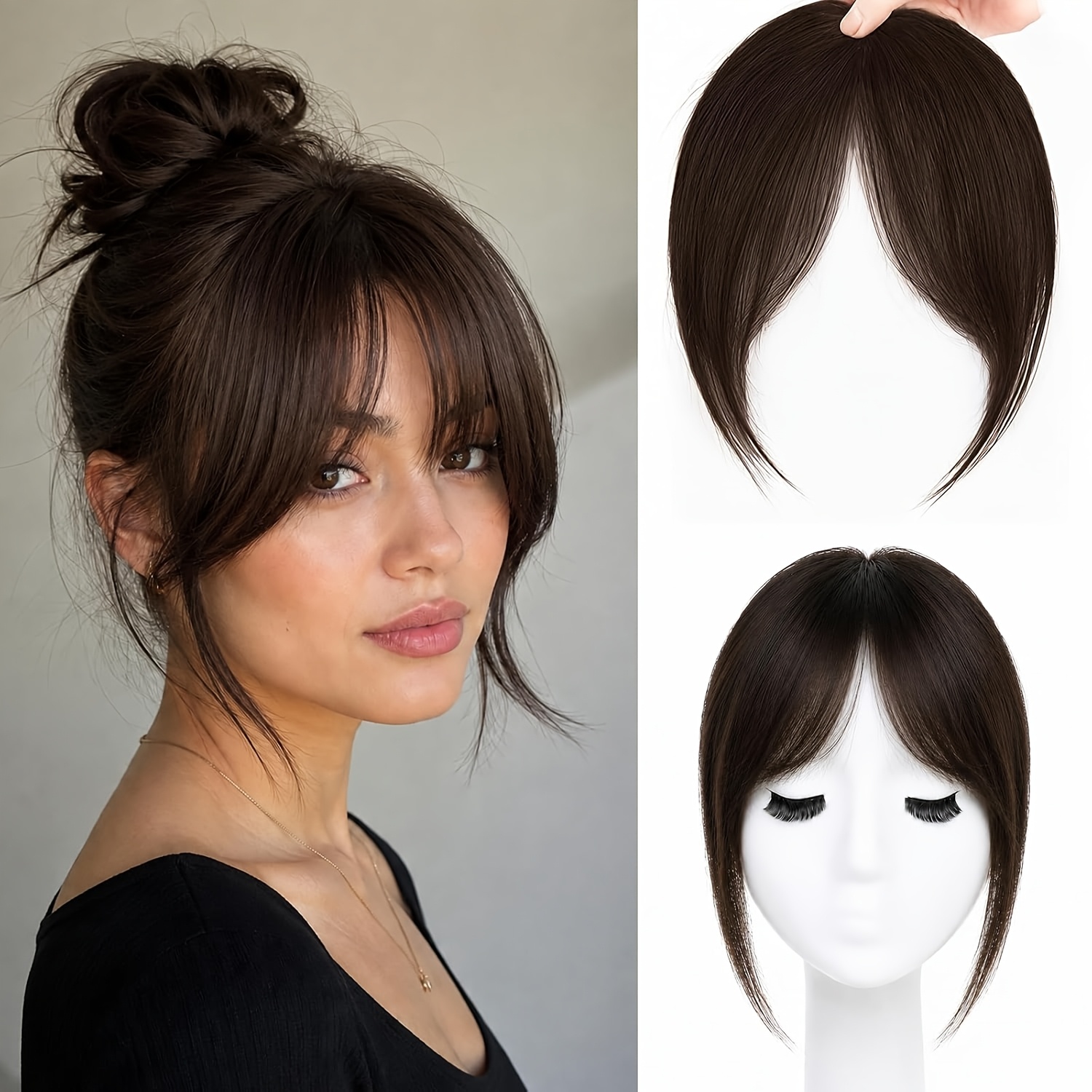 TEMU Clip-in Curtain Bangs Hair Piece, 8 Inch Wispy Synthetic Face Framing Bangs For Women, Lightweight Fake Hair Fringe, Hair Accessory For Daily