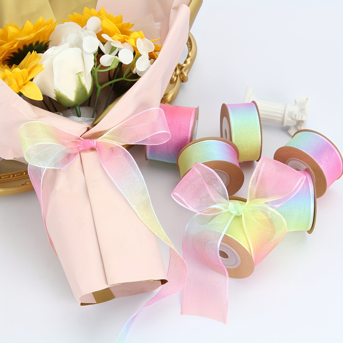 

1 Roll, Rainbow Colored Gradient Transparent Organza Ribbon For Diy Handmade Cake Packaging Satin Ribbon Bow Bouquet Gift Packaging Ribbon Festive Party Atmosphere Decoration Ribbon