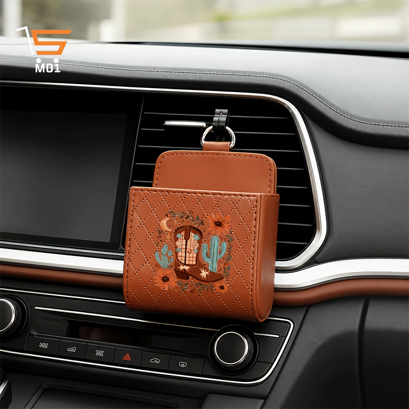 TEMU 1pc Cowboy Boot Floral Cactus Moon Western Pattern Print Car Vent Hanging Storage Box Car Organizer Multifunctional Phone Holder Pu Leather Car