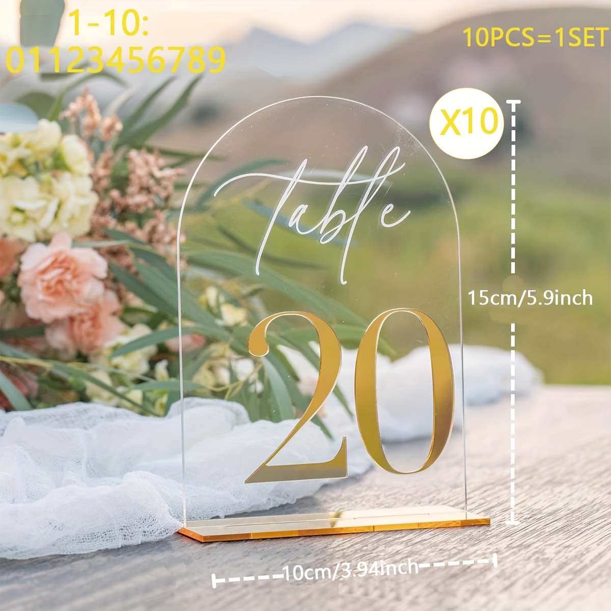 E-shop Acryl Hochzeitstischnummern 1 mit Ständer, 10 x 15 cm Elegante Goldene Langlebige Dicke Acrylschilder Geeignet für Empfang, Geburtstag,