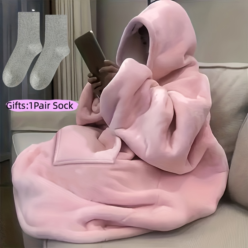 TEMU Plus-size Reversible Wearable Hooded Blanket, Includes A Pair Of Winter Socks, Comfortable Oversized Hooded Blanket With Kangaroo Pocket,