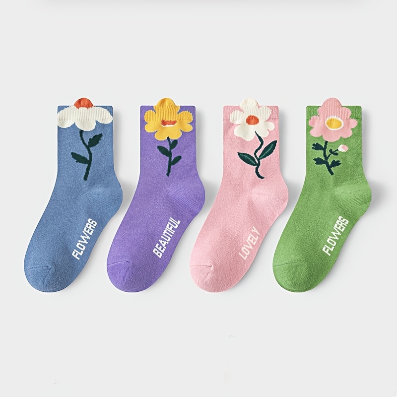 TEMU 4 Pairs Girls Socks Cute Flower Pattern Candy Comfortable Breathable Kids Baby Socks, Fall And Winter Clothes