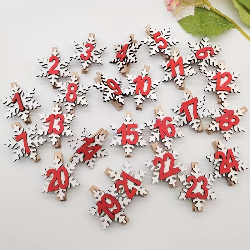Image of 24pcs Per Pack Snowflake Wood Clip Christmas Decoration Clip 1-24 Countdown Calendar Clip Photo Decoration Clip