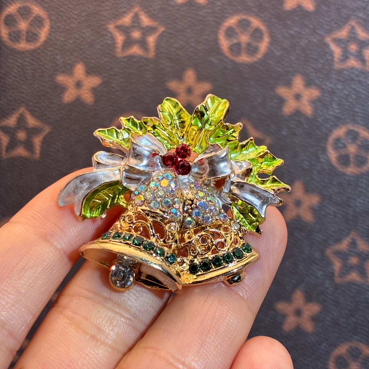 Sparkly Green Christmas Bell Brooch, Retro Pin