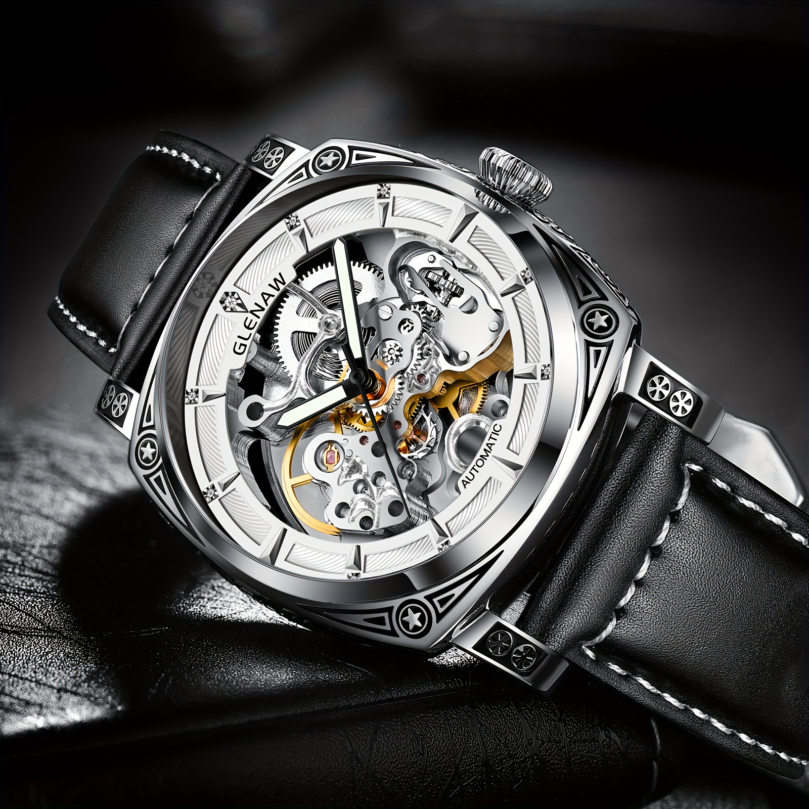 mens automatic mechanical watch elegant   dial waterproof up to 30  steel black   leather strap skeleton back with intricate movement date display ideal gift for him details 0