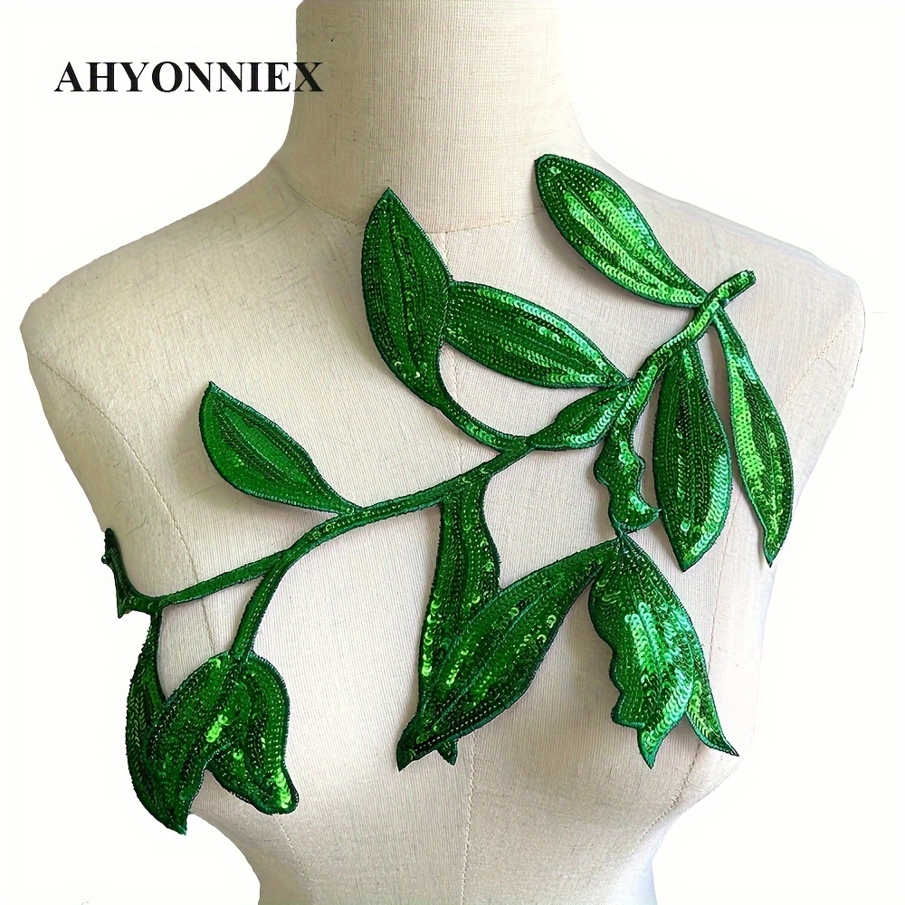 

Green Leaf Sequin Patches, Embroidered Iron-on Appliques For Diy Clothing Decoration, Single Piece